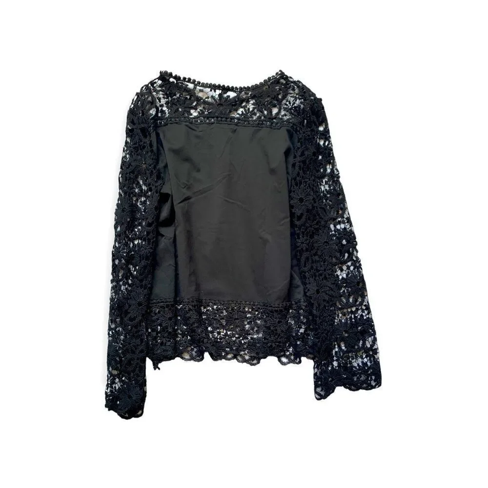 Gorgeous Top‎ Black Blouse with Crochet Embroidery Lace Style Accents - Picture 1 of 5